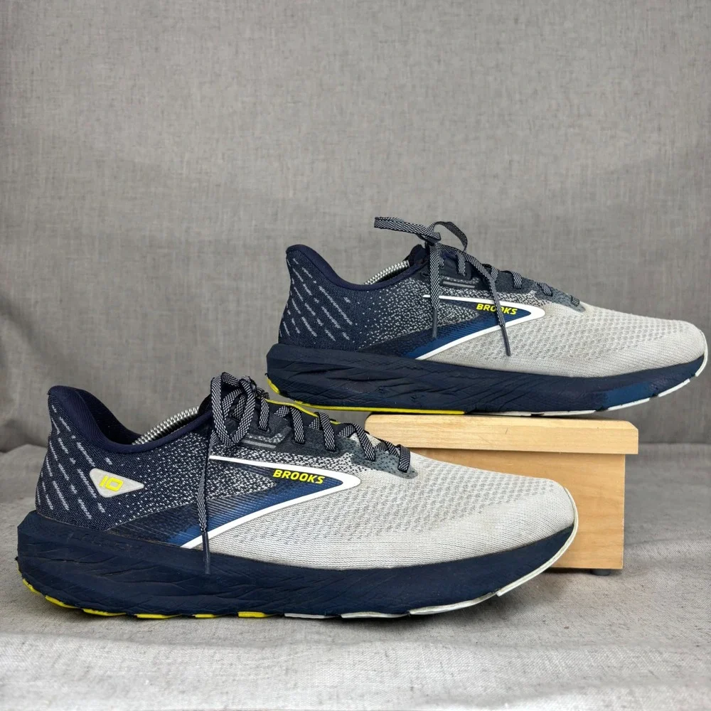 Brooks Launch 10 Shoes Navy Blue White Yellow Mesh Running Sneaker Men's Size 12